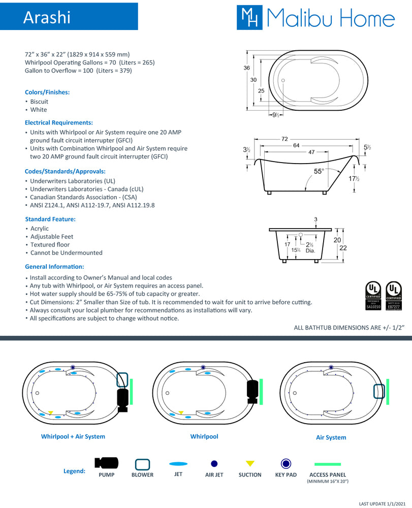 
                  
                    Malibu Arashi Oval Combination Whirlpool & Air Jet Bathtub 72" x 36" x 22"
                  
                